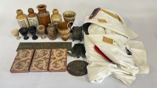A GROUP OF COLLECTIBLES TO INCLUDE STONEWARE, GINGER BEER BOTTLES, HORN BEAKERS AND 3 MINTON TILES,