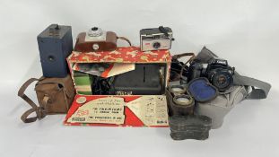 A BOX OF VINTAGE CAMERAS TO INCLUDE BROWNIE EXAMPLE, VINTAGE BINOCULARS & A BOXED MINICINE,
