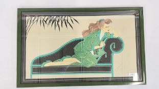 A FRAMED ORIGINAL ART DECO STYLE FASHION STUDY WATERCOLOUR BEARING SIGNATURE L.J. GREEN W 80 X H 49.