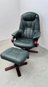 A GOOD QUALITY GREEN LEATHER RELAXER CHAIR WITH FOOT STOOL.