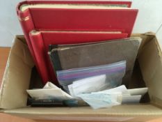STAMPS: BOX WITH A COLLECTION IN TWO ALBUMS AND LOOSE, A FEW PAGES OF CHINA, ETC.