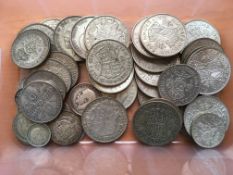 COINS: TUB WITH PRE 1947 SILVER, MAINLY HALF CROWNS, FACE VALUE APPROX £4.20.