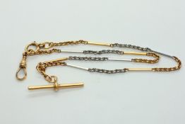 18CT YELLOW & WHITE GOLD BATON & LINK T BAR WATCH CHAIN.