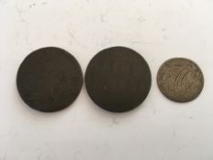 COINS: 1797 COPPER PENNIES ENGRAVED, ONE WITH M.T. R.H. 1799, THE OTHER E. GRUNDY & J. WALMSLEY, T.
