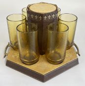 A GROUP OF 6 ART GLASS PAPERWEIGHTS TO INCLUDE LANGHAM EXAMPLES + A SET OF 6 AMBER GLASS STEINS ON