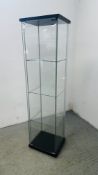 A MODERN 3 TIER GLAZED DISPLAY CABINET, W 43CM X D 37CM X H 163CM.