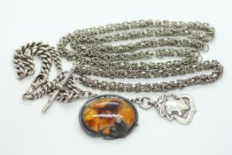 AN ANTIQUE SILVER WATCH CHAIN WITH SHIELD ATTACHMENT L 28CM + A FURTHER WOVEN OPEN WORK WHITE METAL