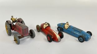 THREE VINTAGE DINKY 1950'S / 60'S MODELS TO INCLUDE A TRACTOR, MASERATI AND A TALOT LAGO.