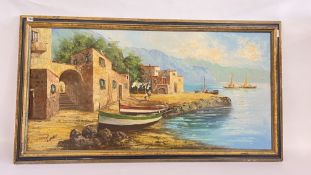 AN OIL ON CANVAS DEPICTING A MEDITERANEAN FISHING VILLAGE SCENE BEARING SIGNATURE GIORGIO H 72 X L