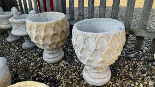 A PAIR OF PINEAPPLE DESIGN PEDESTAL GARDEN PLANTERS DIAMETER 40CM.