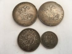 COINS: GEORGE III CROWNS 1819 LIX, 1820 LX, HALFCROWN 1816, SHILLING 1820. (4 COINS).