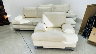 A DESIGNER CREAM LEATHER 4 PIECE LOUNGE SUITE COMPRISING OF 2 AND 3 SEATER SOFA,