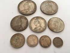 COINS: VICTORIA 1887 JUBILEE HEAD CROWN, DOUBLE FLORIN, HALF CROWN (2), FLORIN, SHILLING,