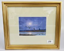 A FRAMED AND MOUNTED OIL ON CARD TITLED INCOMING DUCK BY MOONLIGHT BEARING SIGNATURE JAMES ALLEN,