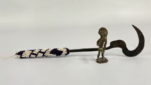 AN AFRICAN BEADED SICKLE & A GOLD WEIGHT.