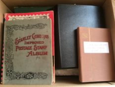 STAMPS: BOX WITH ALL WORLD ON LEAVES AND STOCK CARDS, FIVE ALBUMS ETC, BELGIUM, NEPAL, LIBYA, ETC.