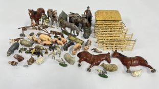 A TRAY OF VINTAGE PAINTED LEAD FARM ANIMALS AND BUILDINGS ETC.