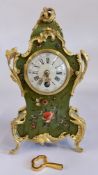 AN ORNATE FRENCH ORMOLU BOUDOIR TABLE CLOCK AND KEY HAND PAINTED DECORATION ON A GREEN GROUND H