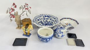 A GROUP OF ORIENTAL CHINA TO INCLUDE A BLUE AND WHITE TEAPOT, WASH BOWL, TANG STYLE HORSE,