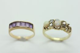 AN ANTIQUE YELLOW METAL RING SET WITH OPALS AND OLD CUT DIAMONDS (A/F MISSING OPAL AND DIAMOND A/F