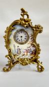 AN ORNATE ANTIQUE FRENCH GILT AND ENAMEL MANTEL CLOCK, DIAL A/F H 11CM.
