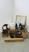 A GROUP OF WICKER BASKETS, LOOM STYLE LINEN BASKET AND TWO CANE MAGAZINE RACKS,