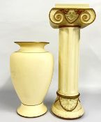 A STYLISH MODERN JARDINIERE AND STAND, CREAM WITH GILT DETAIL H 114CM.