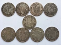 COINS: ENGLISH HALF CROWNS SELECTION 1818, 1820, 1836, 1891, 1906, 1915, 1916, 1918, 1919 (9 COINS).