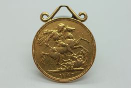 1887 FULL SOVEREIGN GOLD COIN WITH SUSPENSION LOOP ATTACHED.