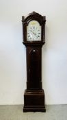 AN ANTIQUE GRANDFATHER CLOCK MAHOGANY FINISH, THE FACE MARKED CHARLES STRANGE HIGH WYCOMBE.