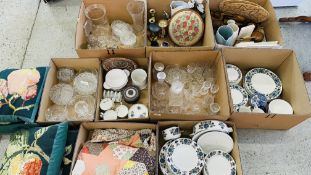 8 B BOXES OF ASSORTED HOUSEHOLD SUNDRIES TO INCLUDE MID WINTER GOOD QUALITY GLASS WARE,