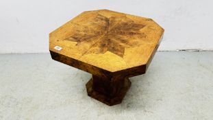 A 1930'S WALNUT SQUARE CANTED INLAID PEDESTAL COFFEE TABLE W 54CM D 54CM H 46CM.