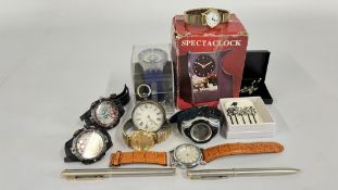 A GROUP OF WATCHES TO INCLUDE SEKONDA + A VINTAGE SILVER CASED POCKET WATCH, SPECTA CLOCK (BOXED),