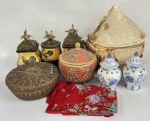 A GRADUATED METAL CRAFT STORAGE SET DEPICTING CHICKENS, PLUS A SEA GRASS SEWING BOX AND CONTENTS,