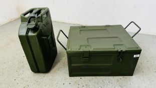 A 1941 WW2 AMMO BOX ALONG WITH A 1943 VINTAGE JERRY CAN.
