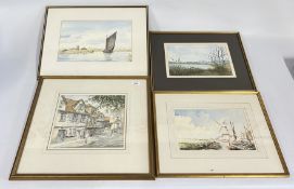 A GROUP OF ORIGINAL FRAMED ARTWORKS TO INCLUDE A BROADLAND SCENE BEARING SIGNATURE DOROTHY MINDHAM,