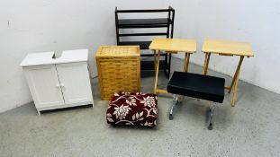 A GROUP OF SUNDRY FURNITURE TO INCLUDE AN UPHOLSTERED FOOTSTOOL, LATTICE WORK LINEN BASKET,