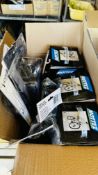 BOX OF ASSORTED BICYCLE ACCESSORIES TO INCLUDE GLOVES, LIGHTS, LOCKS, RACKS ETC.