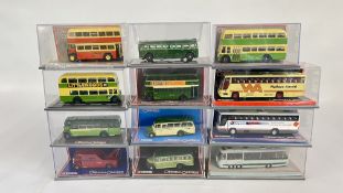 A TRAY OF 12 MINT + BOXED, LIMITED EDITION 1.76 SCALE CORGI OOC BUSES.