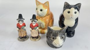 A GROUP OF 5 QUAIL POTTERY CAT STUDIES TO INCLUDE SIMON MONEY BOX, EGG CUP, SALT AND PEPPER, ETC.