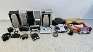 A GROUP OF AUDIO EQUIPMENT TO INCLUDE SANYO PORTABLE CASSETTE PLAYER (NO POWER LEAD),