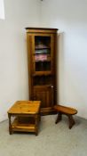 A MODERN HONEY PINE 2 DOOR HALF GLAZED CORNER UNIT 199CM X 68CM ALONG WITH A HONEY PINE OCCASIONAL