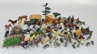 A QUANTITY OF VINTAGE FARMYARD ANIMALS, HORSES, HAYSTACKS ETC.
