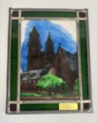 A MAGDEBURG STAIN GLASS PANEL W 21 X H 27CM IN FITTED PRESENTATION BOX.