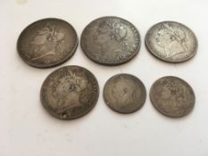 COINS: GEORGE IV CROWNS 1821, 1822, HALFCROWNS 1820, 1821 (HOLED), SHILLINGS 1821, 1824. (6 COINS).