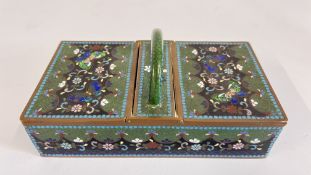 ANTIQUE CHINESE CLOISONNE ENAMEL BOX WITH HANDLE AND BUTTERFLY MOTIF, W 16CM X D 9CM.