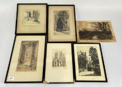 5 X VINTAGE FRAMED AND MOUNTED ETCHINGS TO INCLUDE CAMBRIDGE RELATED EXAMPLES BEARING PENCIL