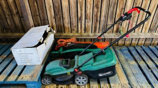 A GROUP OF ELECTRIC GARDEN MAINTENANCE TOOLS TO INCLUDE QUALCAST MOWER (NO LEAD), QUALCAST STRIMMER,
