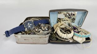 A QUANTITY OF ASSORTED COSTUME JEWELLERY TO INCLUDE BEADED NECKLACES, BANGLES AND WATCHES,
