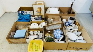 12 BOXES CONTAINING HOUSEHOLD SUNDRIES TO INCLUDE GLASSWARE, CHINA, ORNAMENTS, RUGS,